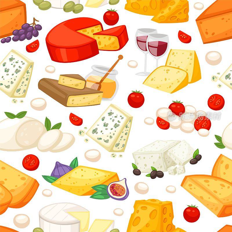 奶酪逼真的组成与伊丹maasdam parmesan和多布兰，豪达，布里干酪，奶酪马苏里拉。自然产品的旗帜。有机市场矢量图。葡萄酒,葡萄,西红柿。